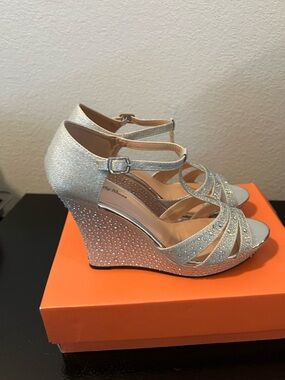 Silver Rhinestone Wedge Sandals with Ankle Strap